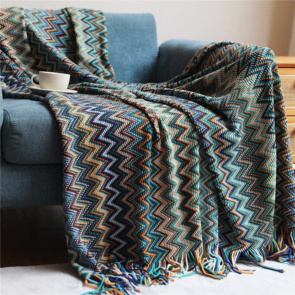 Knit Throw | Multicolor Zigzag & Tassels | Lightweight