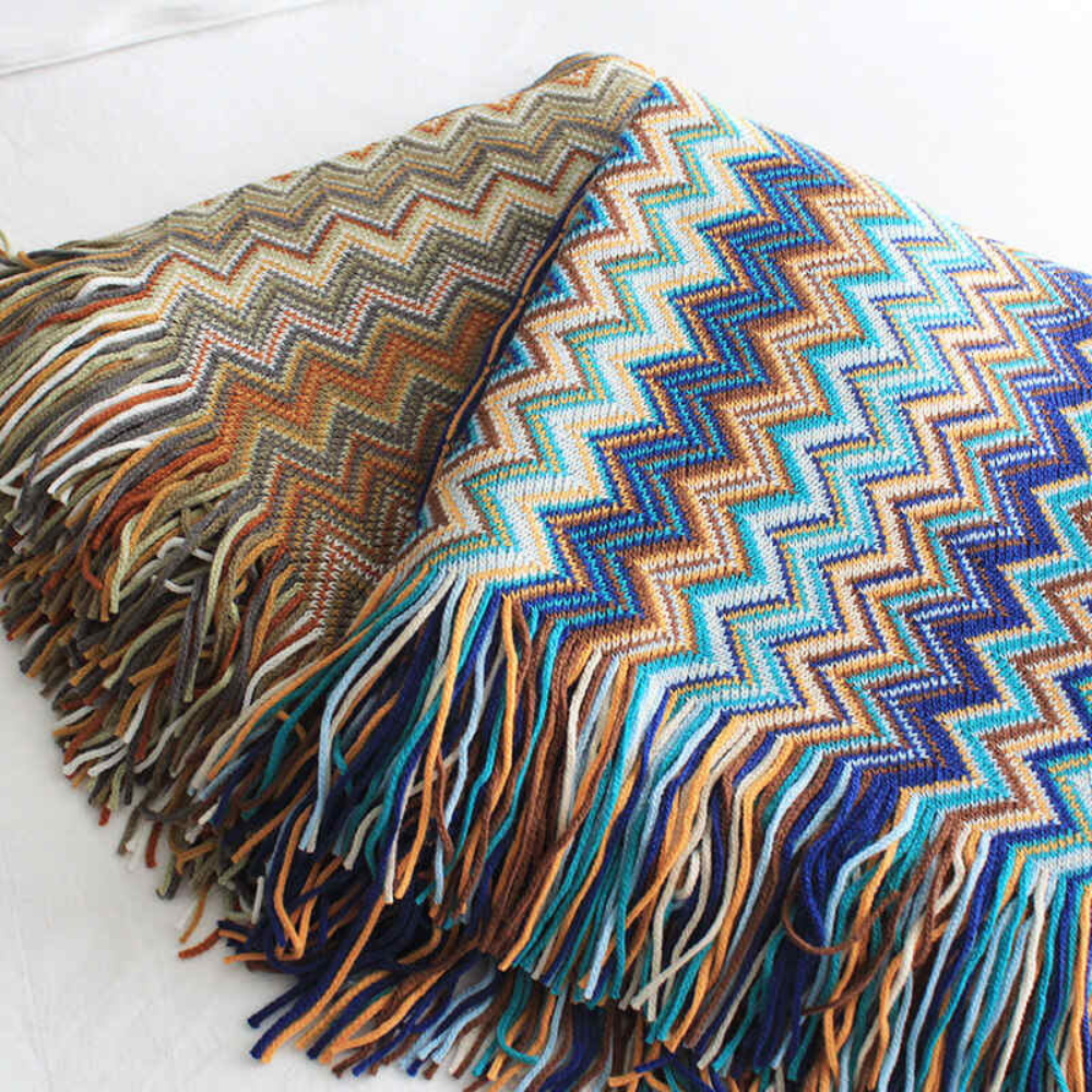 Knit Throw | Multicolor Zigzag & Tassels | Lightweight