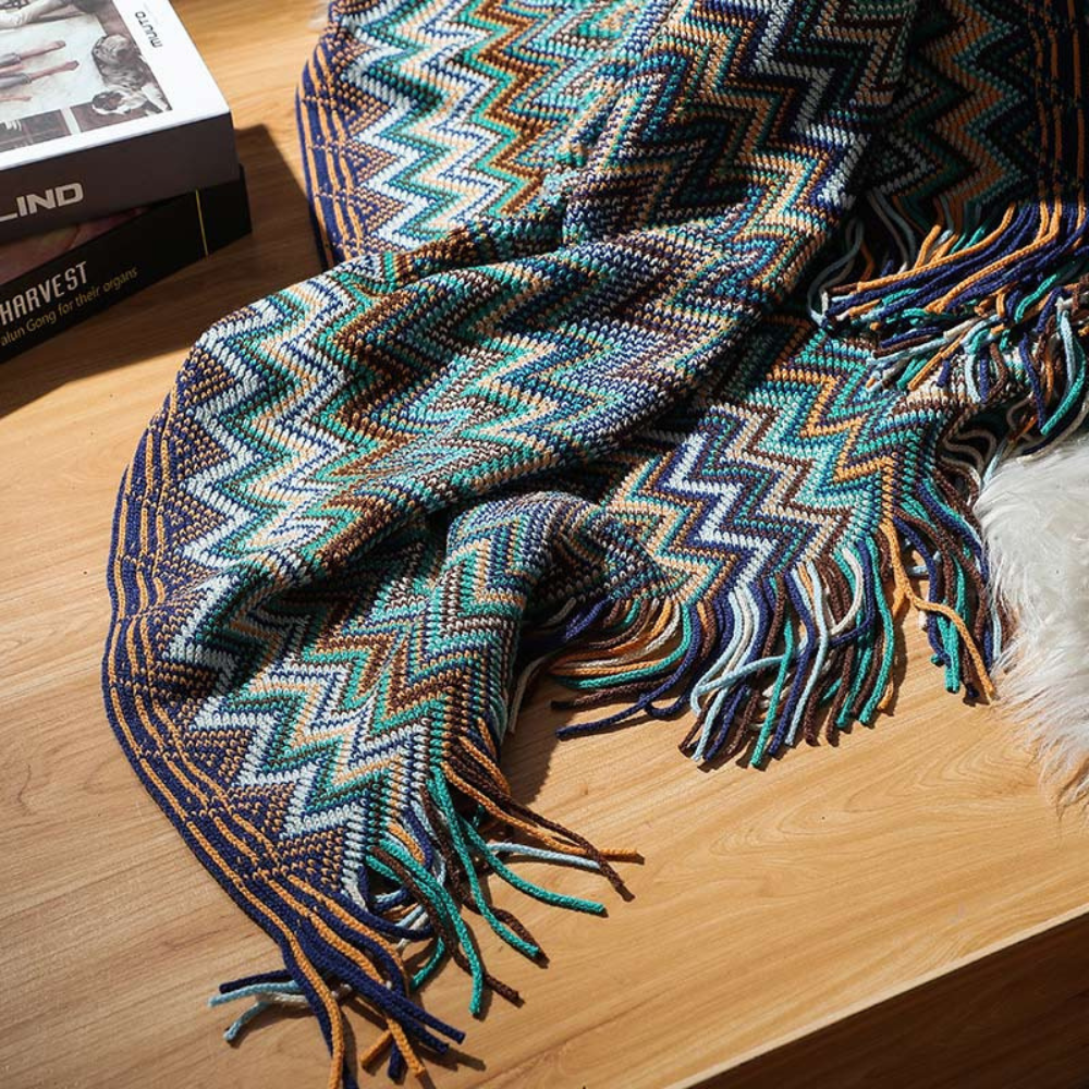 Knit Throw | Multicolor Zigzag & Tassels | Lightweight