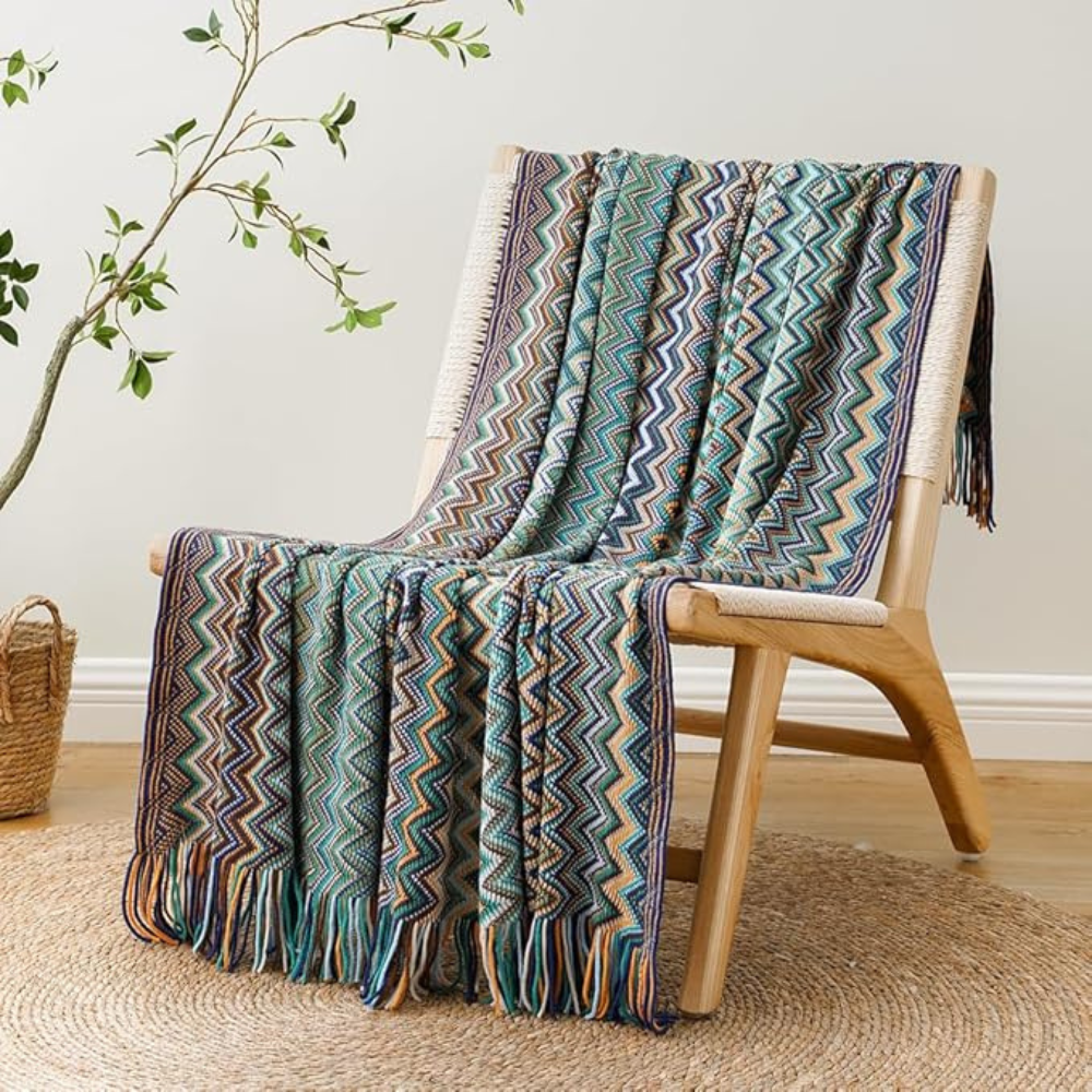 Knit Throw | Multicolor Zigzag & Tassels | Lightweight