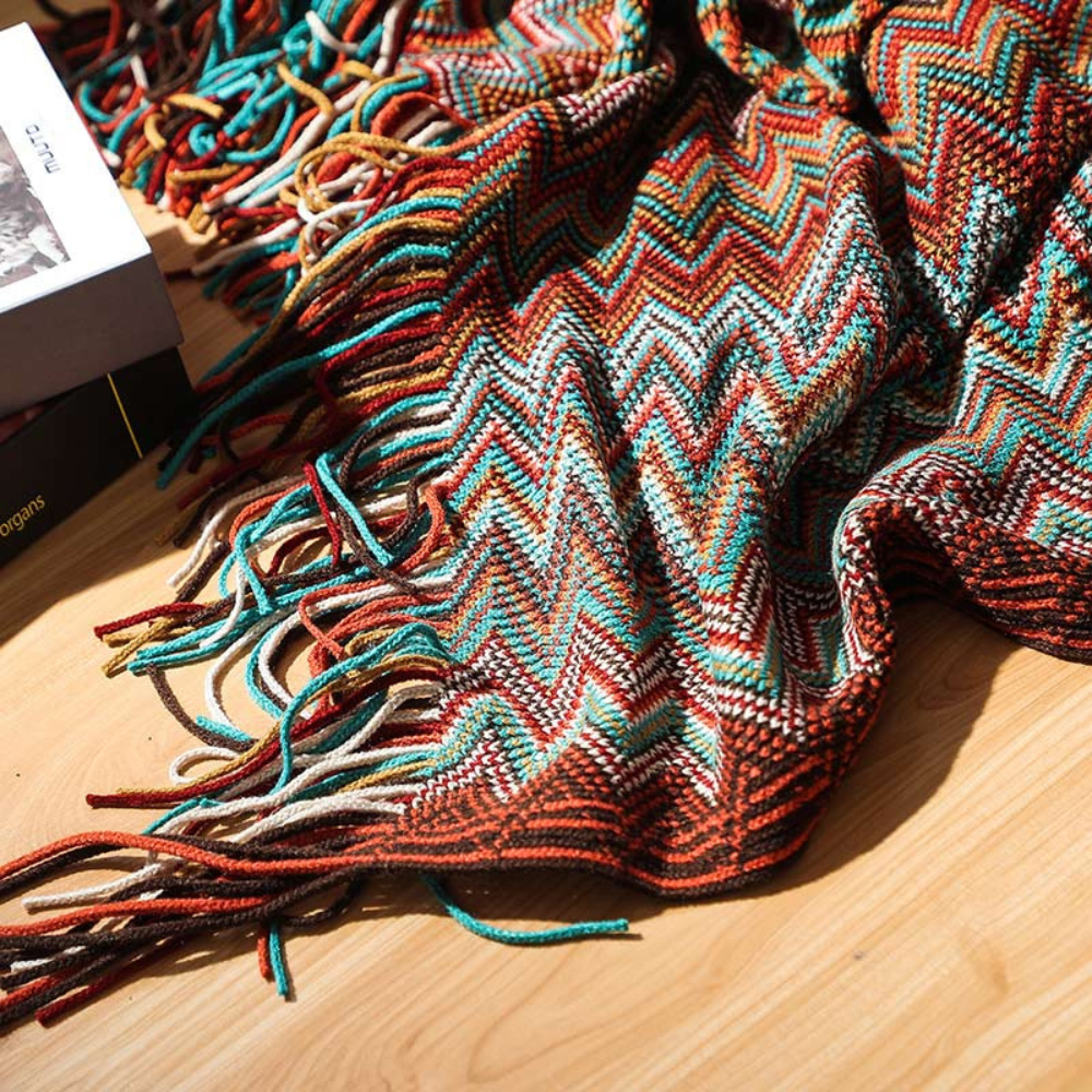 Knit Throw | Multicolor Zigzag & Tassels | Lightweight