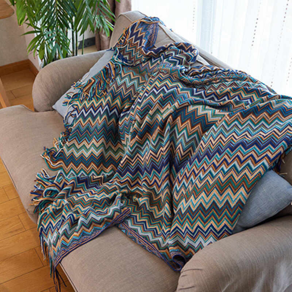 Knit Throw | Multicolor Zigzag & Tassels | Lightweight