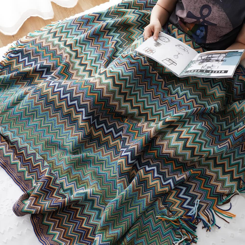 Knit Throw | Multicolor Zigzag & Tassels | Lightweight