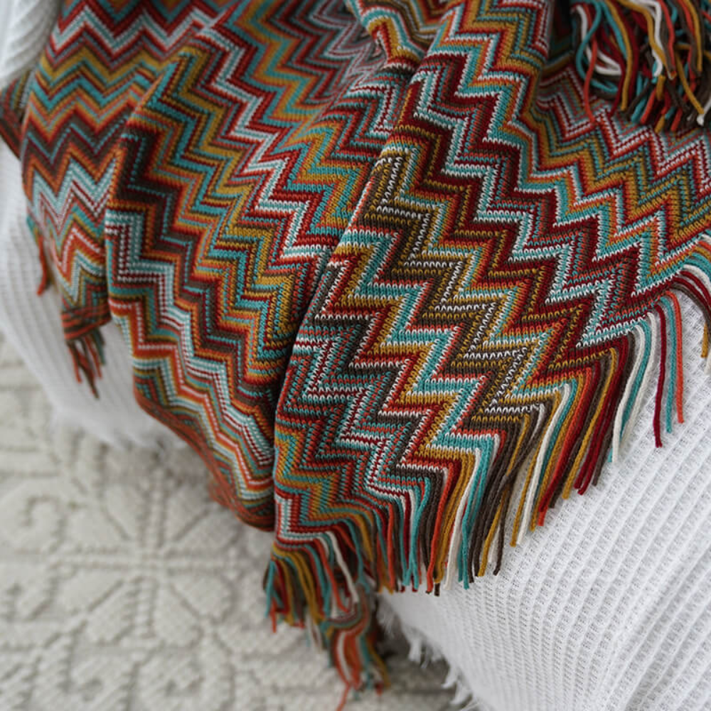 Knit Throw | Multicolor Zigzag & Tassels | Lightweight