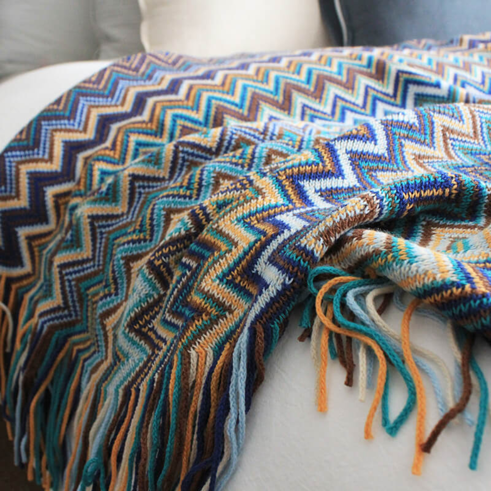 Knit Throw | Multicolor Zigzag & Tassels | Lightweight