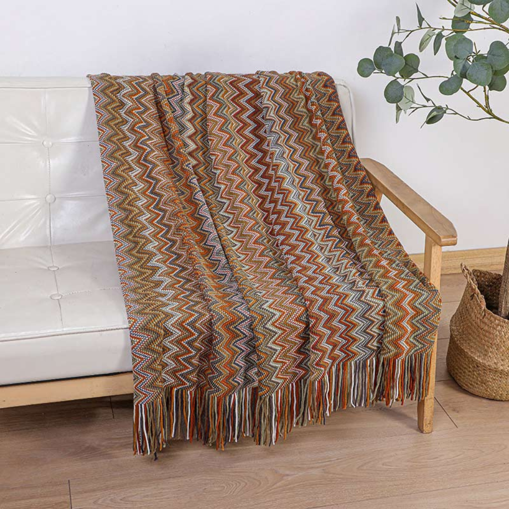 Knit Throw | Multicolor Zigzag & Tassels | Lightweight