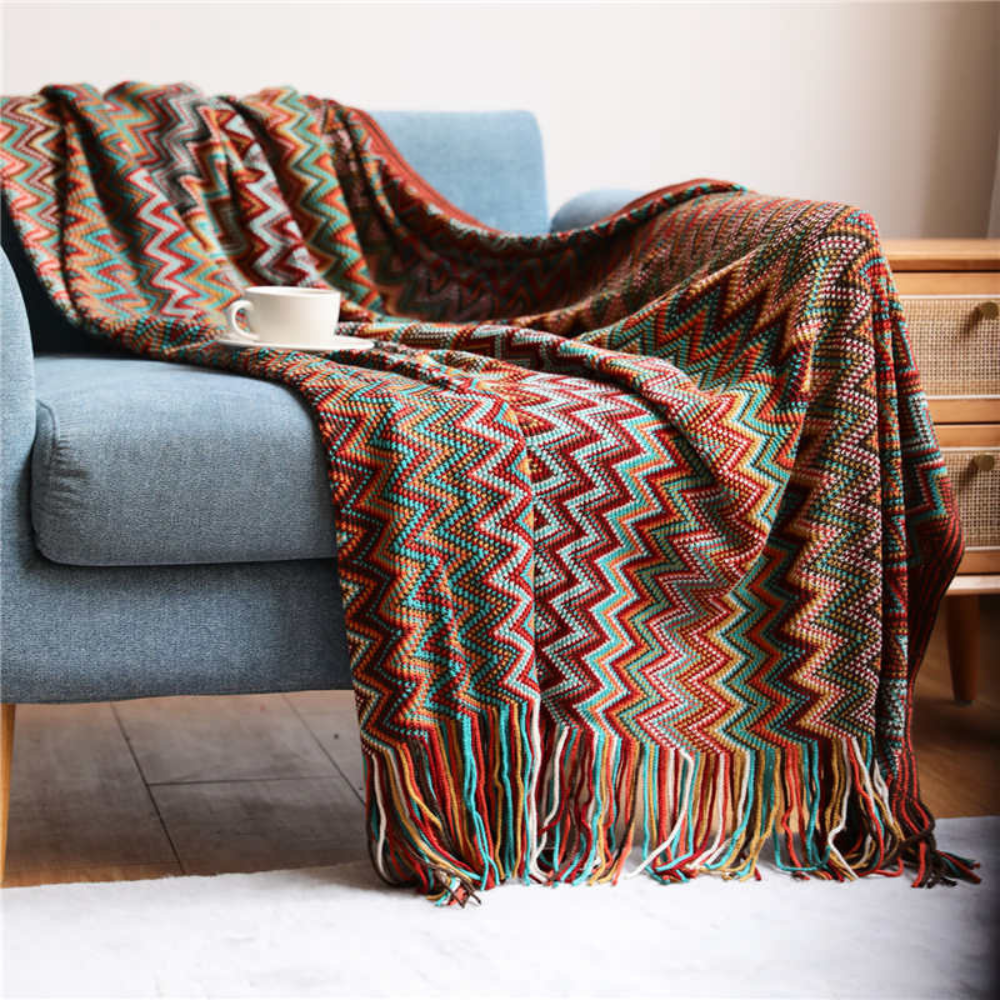 Knit Throw | Multicolor Zigzag & Tassels | Lightweight