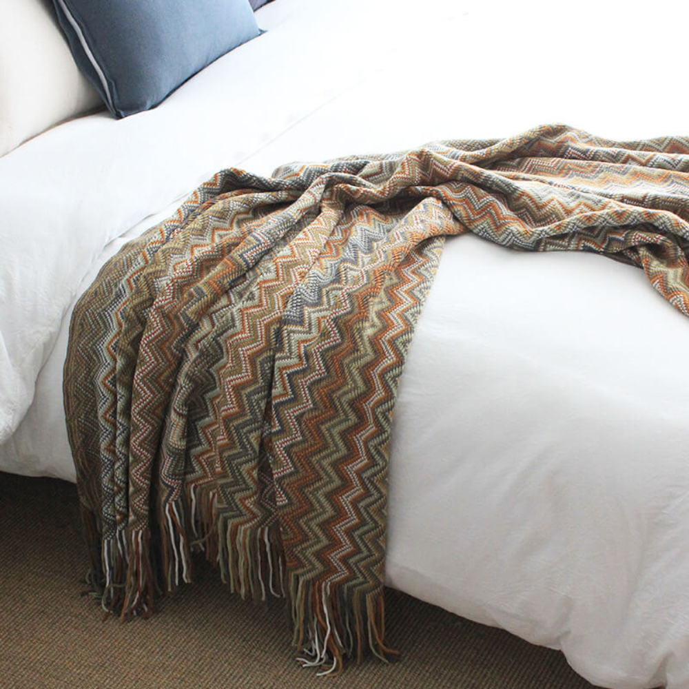 Knit Throw | Multicolor Zigzag & Tassels | Lightweight