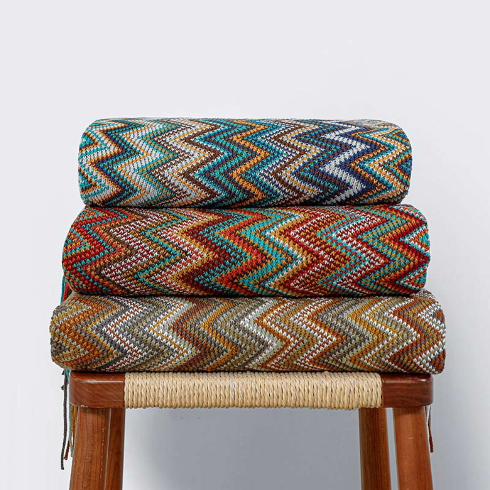 Knit Throw | Multicolor Zigzag & Tassels | Lightweight