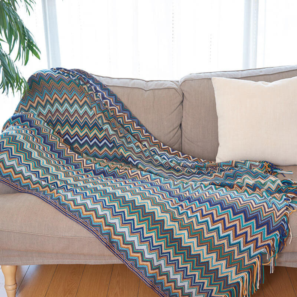 Knit Throw | Multicolor Zigzag & Tassels | Lightweight