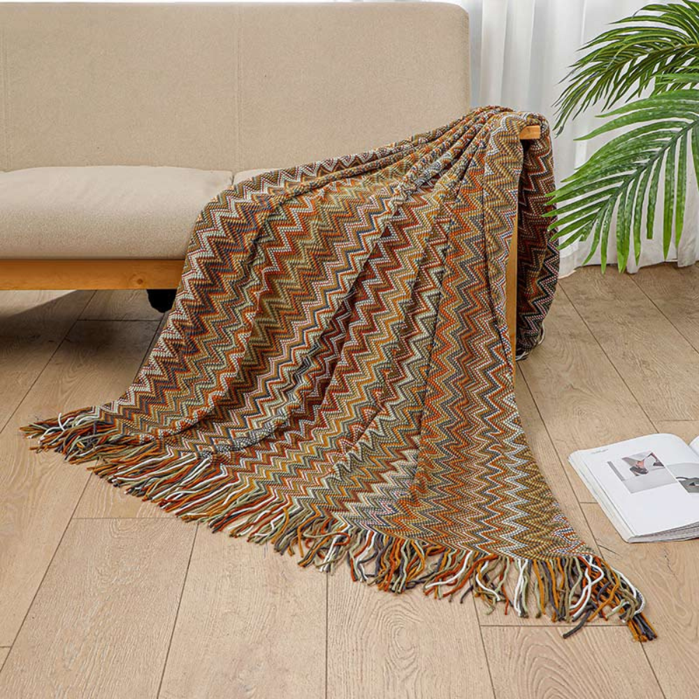 Knit Throw | Multicolor Zigzag & Tassels | Lightweight