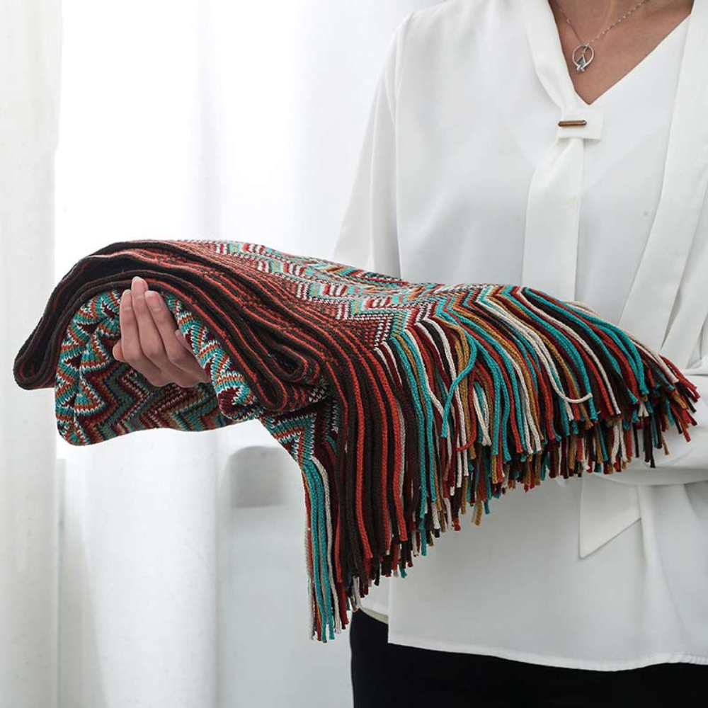 Knit Throw | Multicolor Zigzag & Tassels | Lightweight