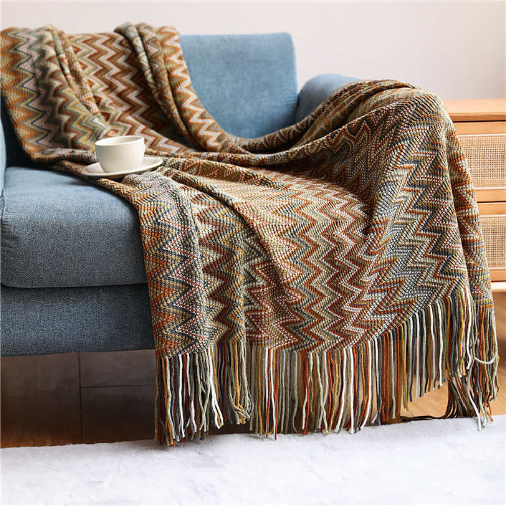 Knit Throw | Multicolor Zigzag & Tassels | Lightweight