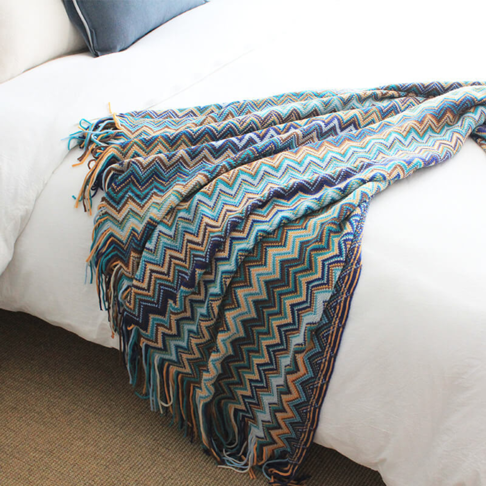Knit Throw | Multicolor Zigzag & Tassels | Lightweight
