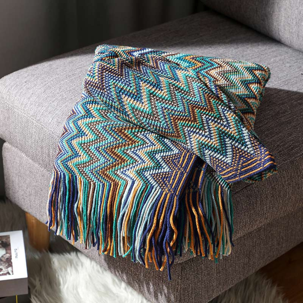 Knit Throw | Multicolor Zigzag & Tassels | Lightweight