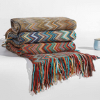 Knit Throw | Multicolor Zigzag & Tassels | Lightweight
