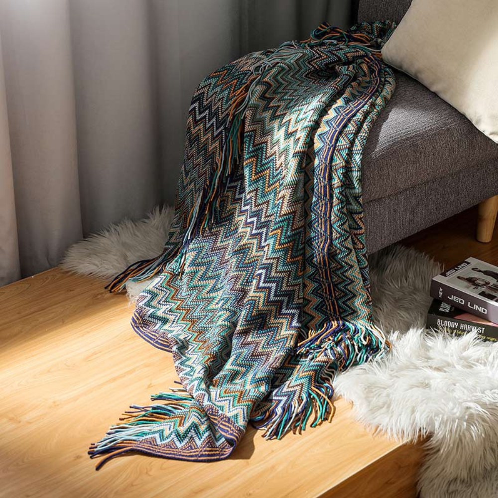 Knit Throw | Multicolor Zigzag & Tassels | Lightweight