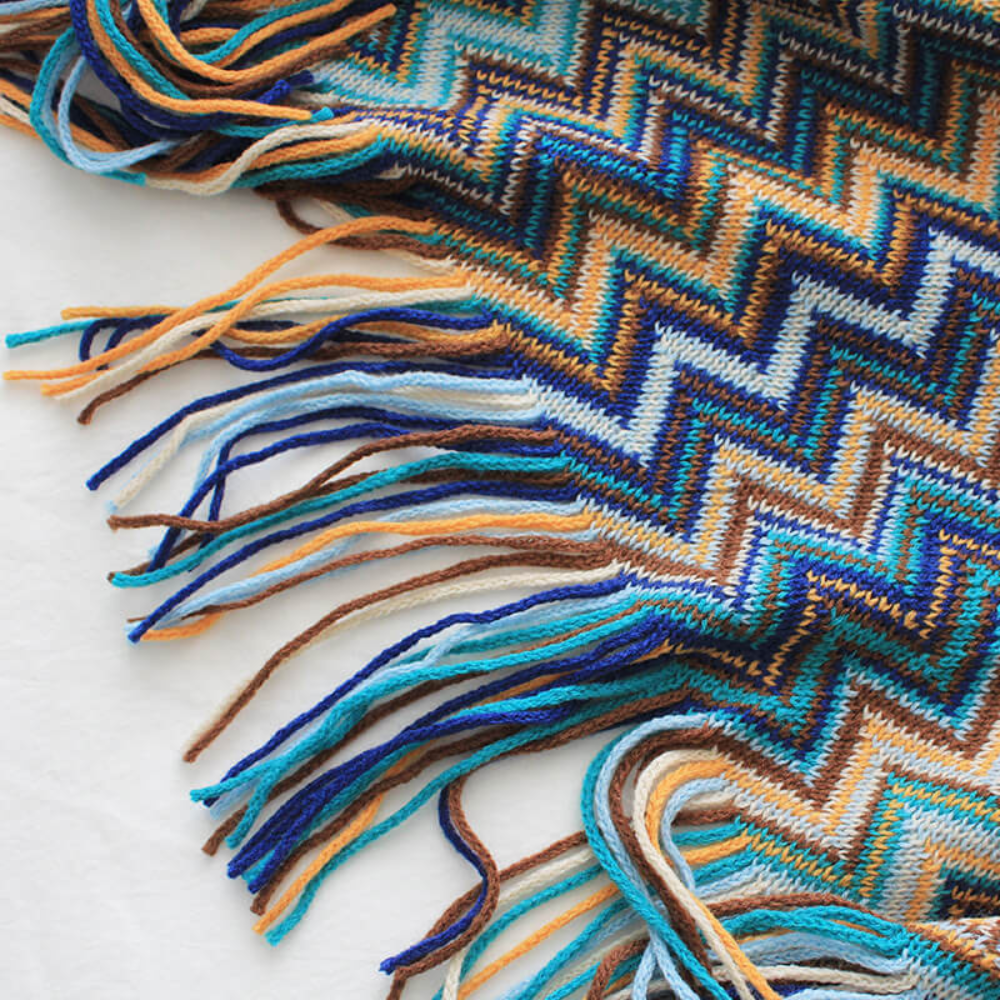 Knit Throw | Multicolor Zigzag & Tassels | Lightweight