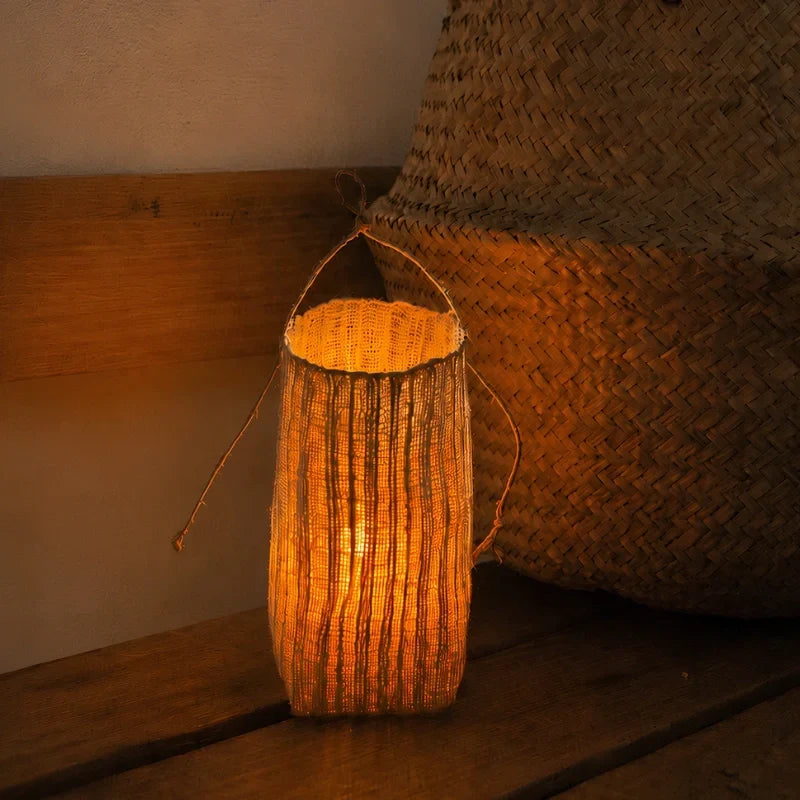 Lantern | Handwoven Natural Fiber Shade & Flickering LED