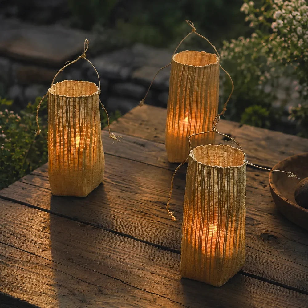 Lantern | Handwoven Natural Fiber Shade & Flickering LED