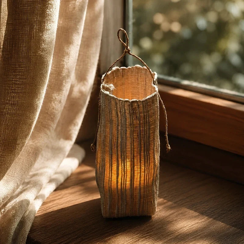 Lantern | Handwoven Natural Fiber Shade & Flickering LED