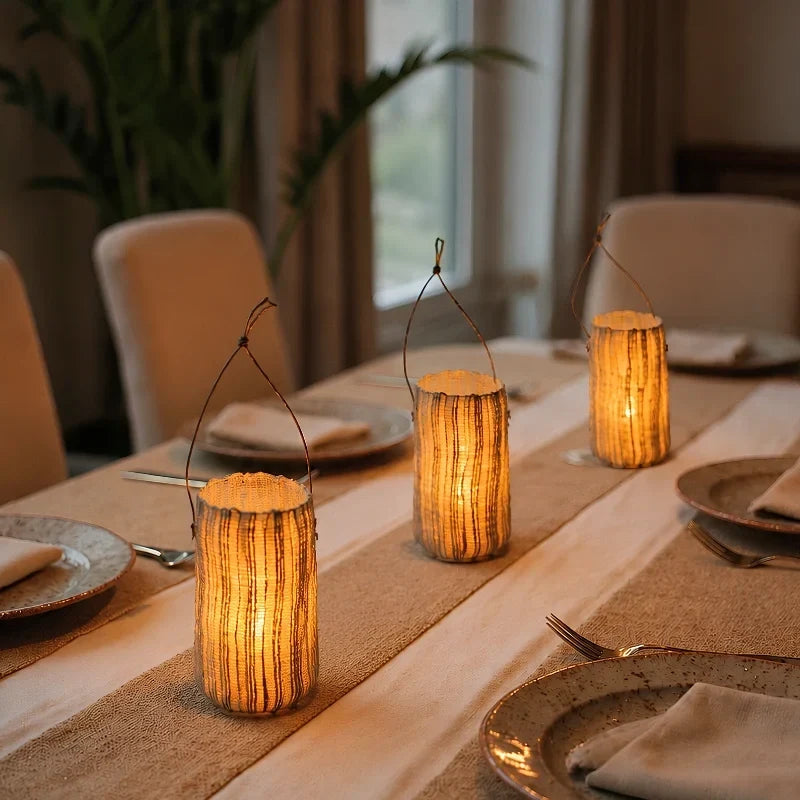 Lantern | Handwoven Natural Fiber Shade & Flickering LED