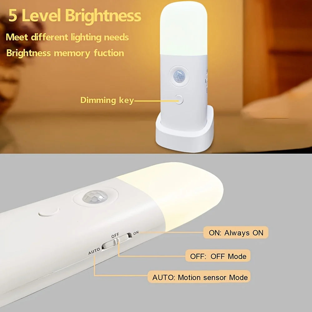 LED Night Light | Motion Sensor, Adjustable Brightness & USB Rechargeable | 2000mAh Battery