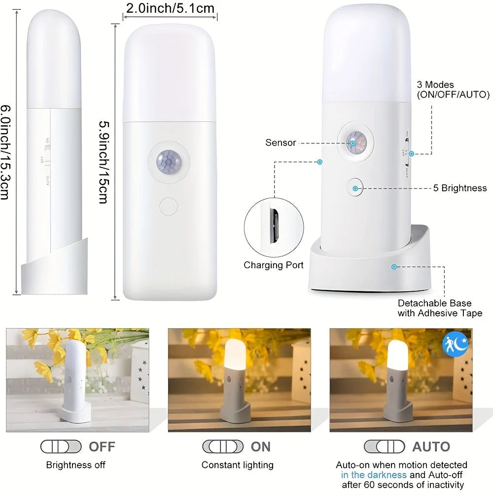 LED Night Light | Motion Sensor, Adjustable Brightness & USB Rechargeable | 2000mAh Battery