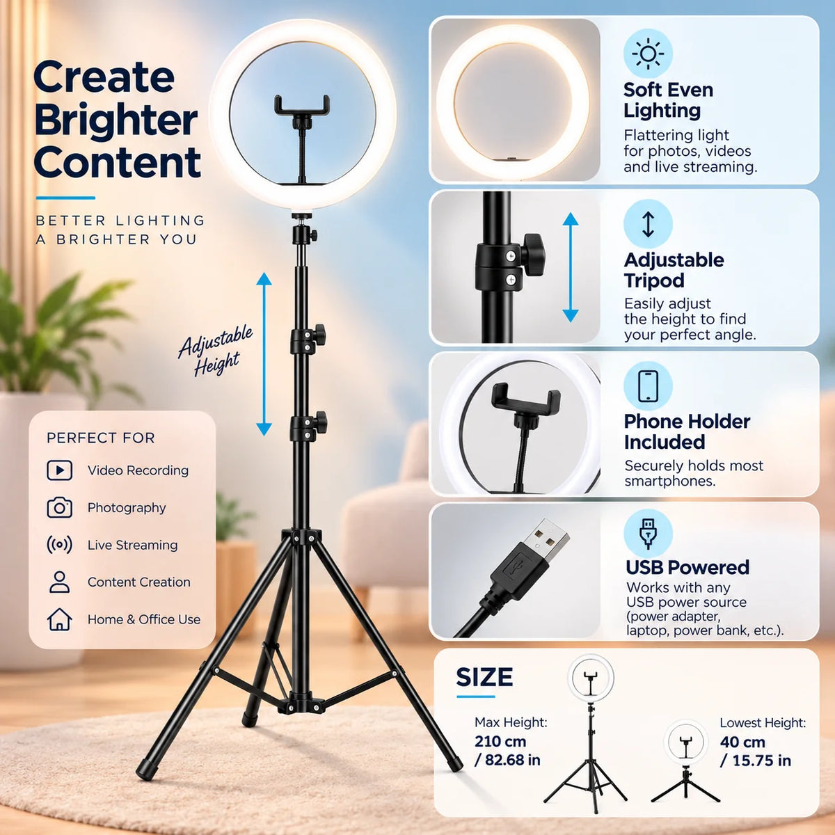 LED Ring Light | USB-Powered Adjustable Tripod & Phone Holder