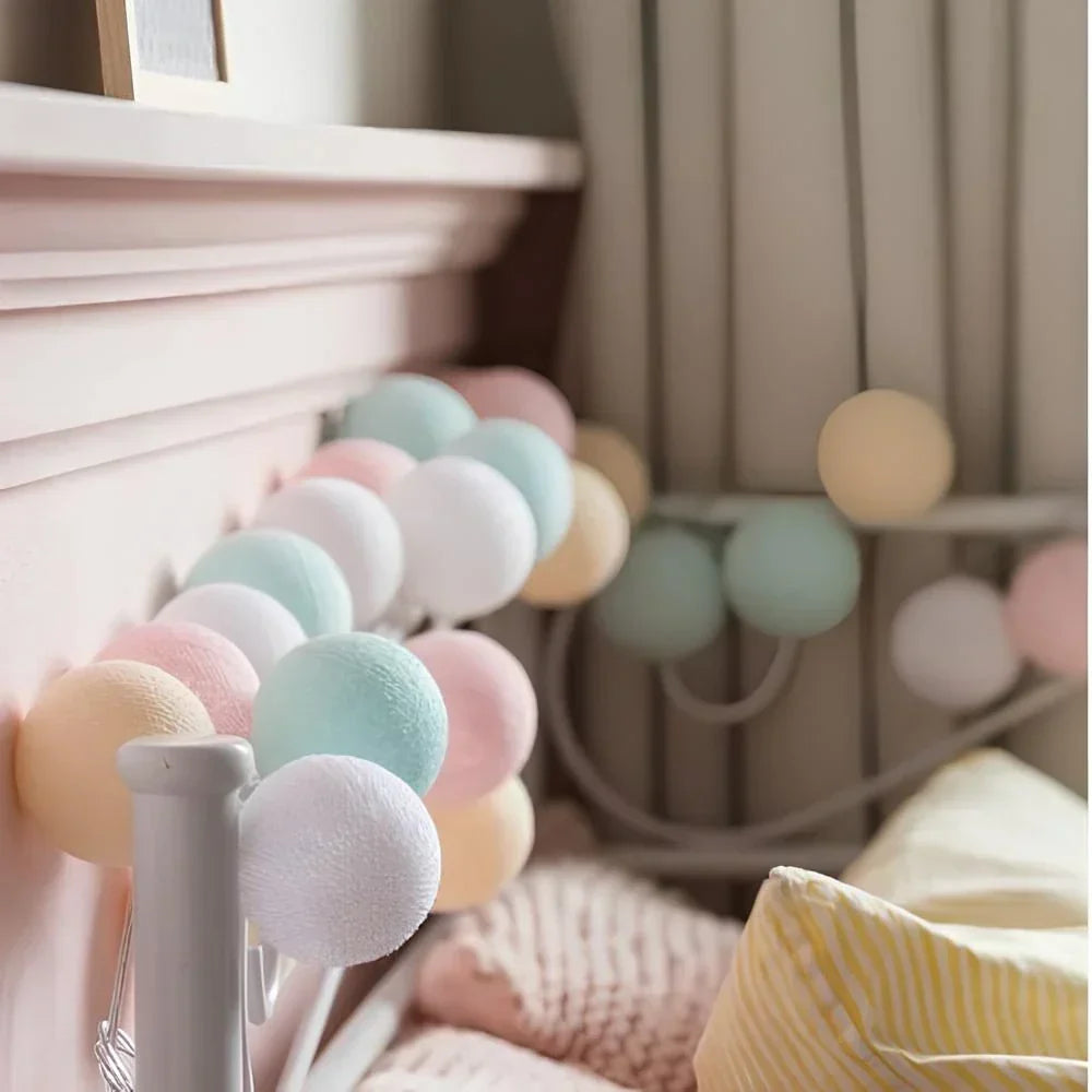 LED String Lights | Woven Cotton Balls & Warm Glow | Battery/USB Powered