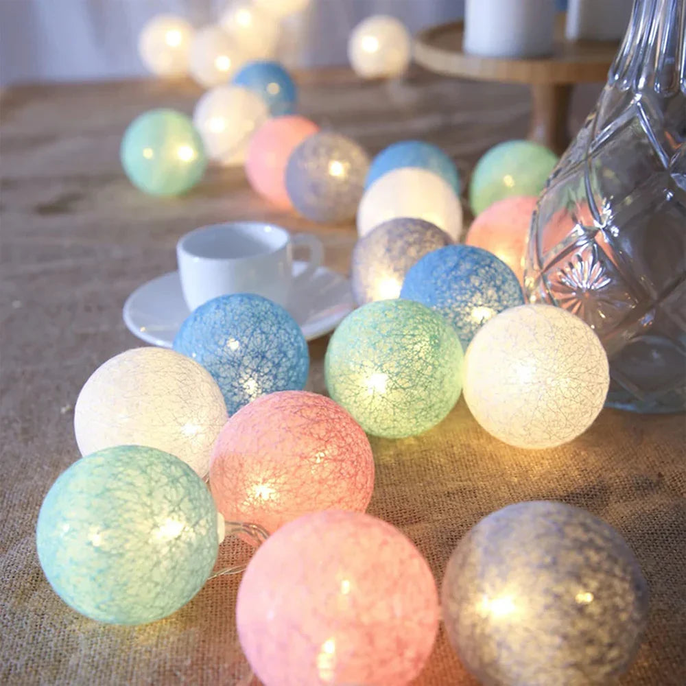 LED String Lights | Woven Cotton Balls & Warm Glow | Battery/USB Powered