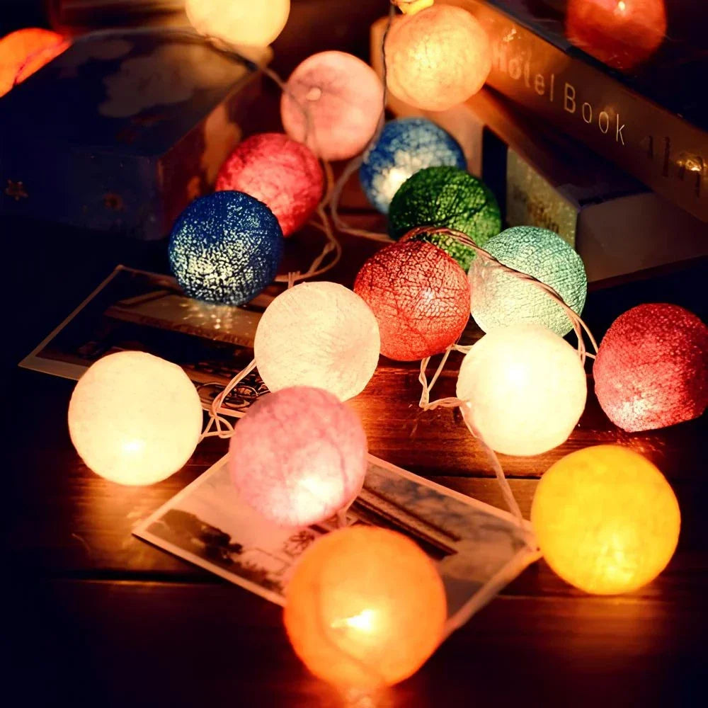 LED String Lights | Woven Cotton Balls & Warm Glow | Battery/USB Powered