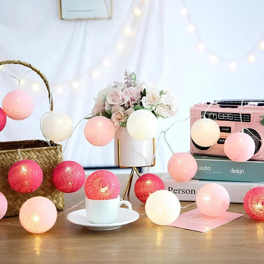 LED String Lights | Woven Cotton Balls & Warm Glow | Battery/USB Powered