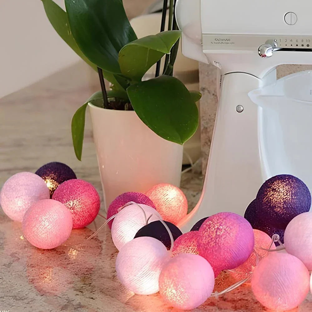 LED String Lights | Woven Cotton Balls & Warm Glow | Battery/USB Powered
