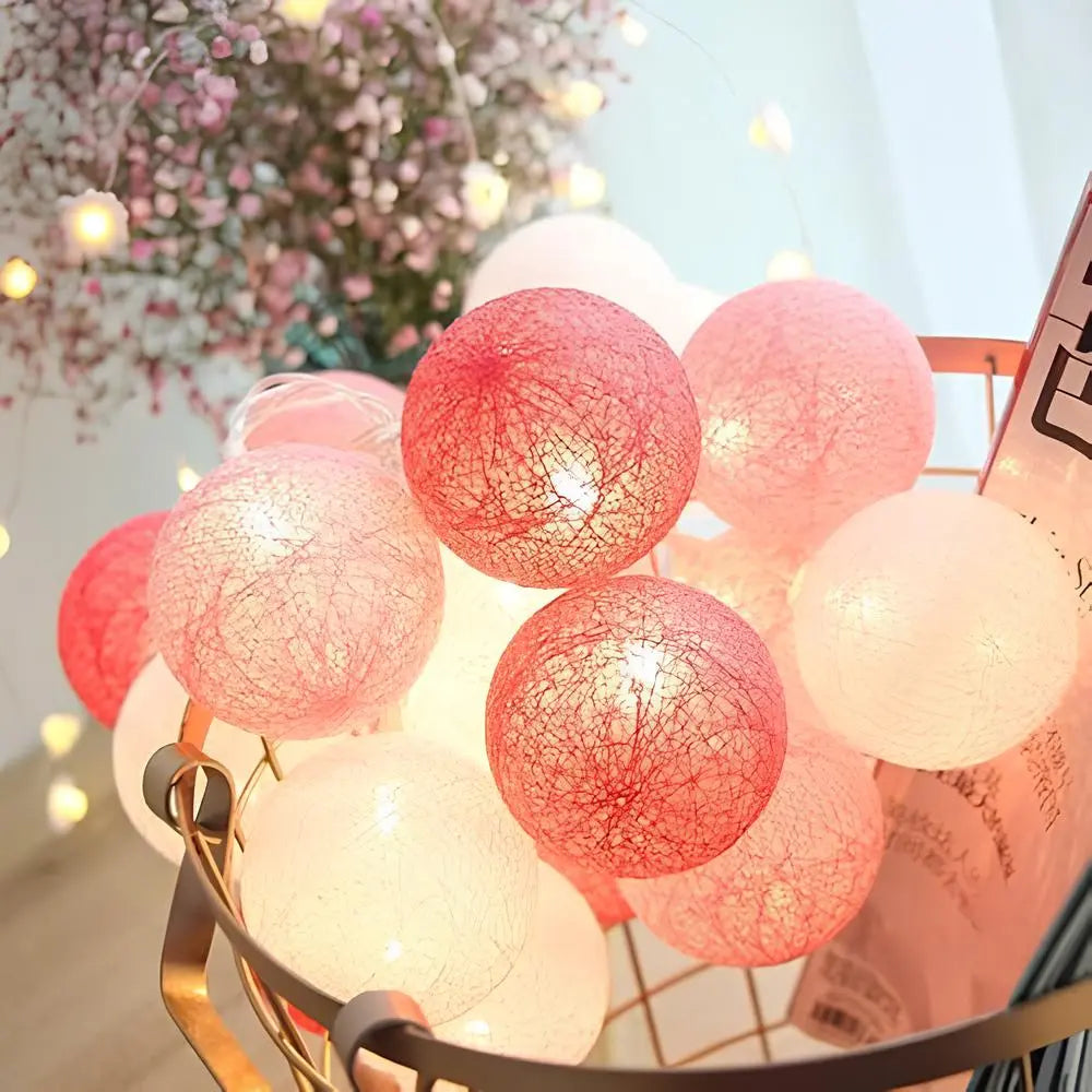 LED String Lights | Woven Cotton Balls & Warm Glow | Battery/USB Powered