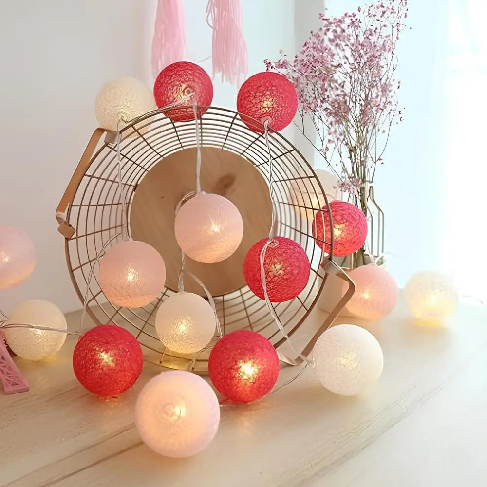 LED String Lights | Woven Cotton Balls & Warm Glow | Battery/USB Powered