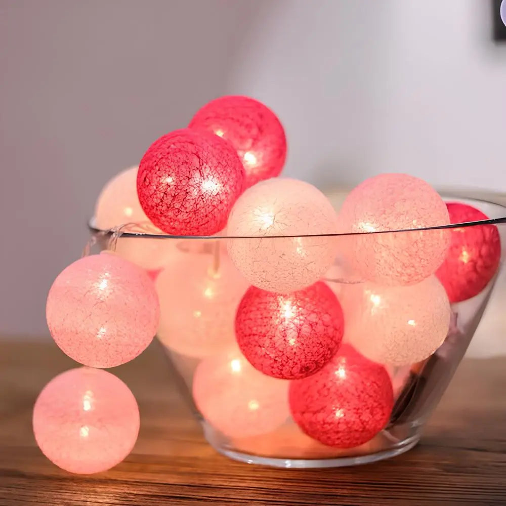 LED String Lights | Woven Cotton Balls & Warm Glow | Battery/USB Powered