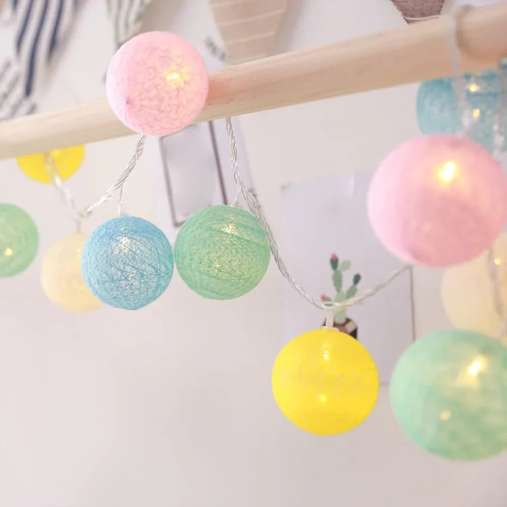 LED String Lights | Woven Cotton Balls & Warm Glow | Battery/USB Powered