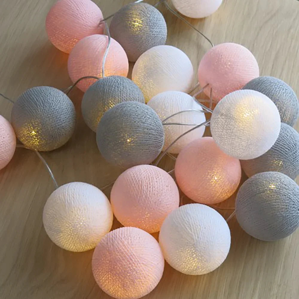LED String Lights | Woven Cotton Balls & Warm Glow | Battery/USB Powered