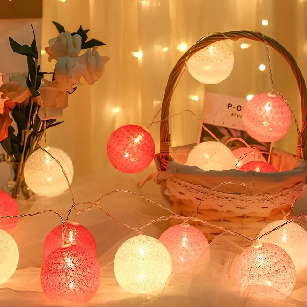 LED String Lights | Woven Cotton Balls & Warm Glow | Battery/USB Powered