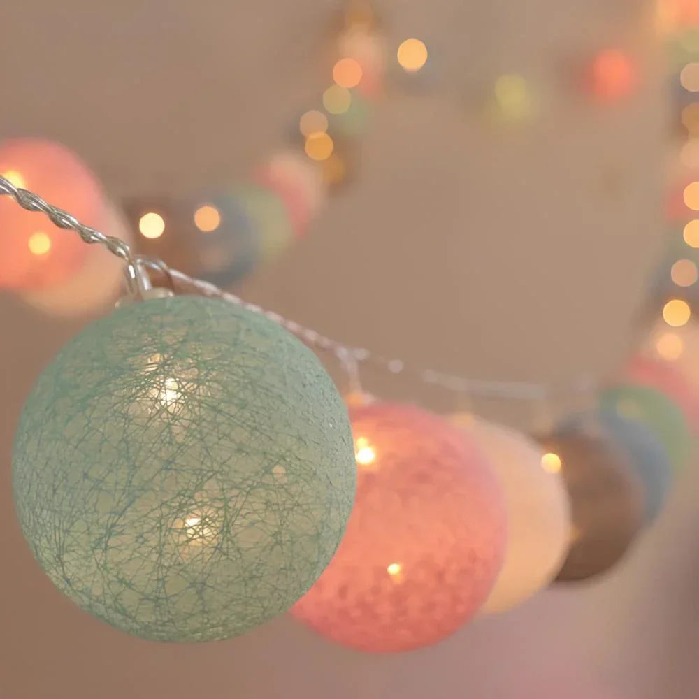 LED String Lights | Woven Cotton Balls & Warm Glow | Battery/USB Powered