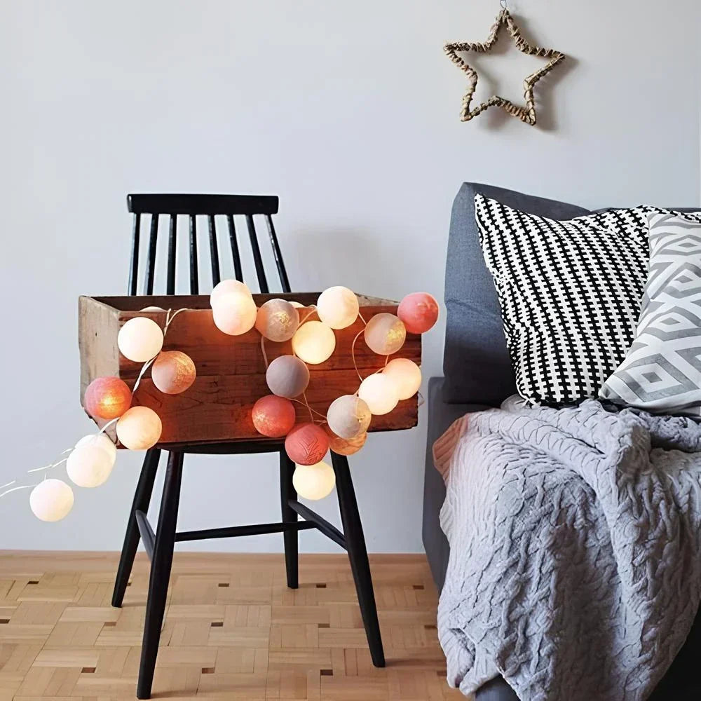 LED String Lights | Woven Cotton Balls & Warm Glow | Battery/USB Powered