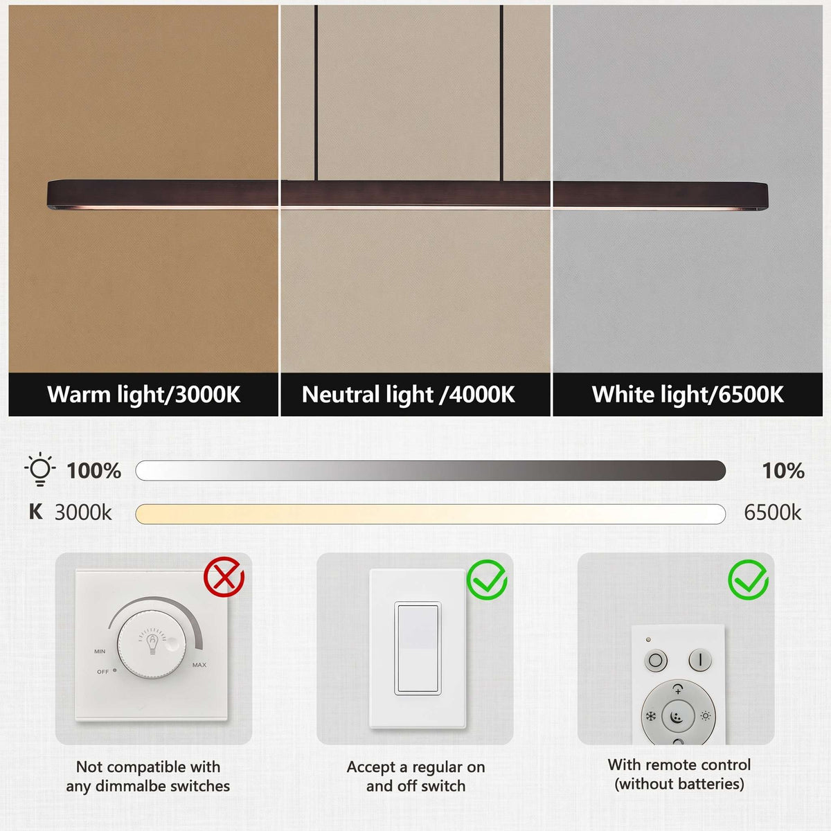 Linear Pendant Light | Walnut Accent & Remote-Dimmable LED