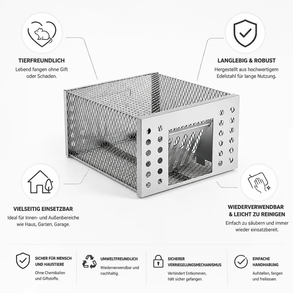 Live Rodent Trap | Stainless Steel & Animal-Friendly | 26 x 13 x 13 cm