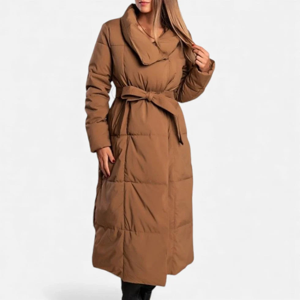 Long Padded Coat | Adjustable Tie Belt & Soft Warm Material