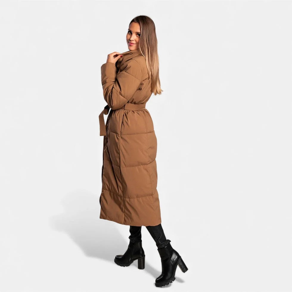 Long Padded Coat | Adjustable Tie Belt & Soft Warm Material