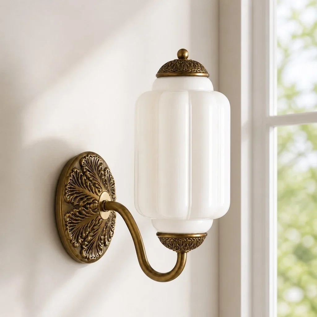 Lumi Vintage Antique Milk Glass Eloise Sculpted Wall Lamp for Bedroom, Bathroom, or Hallway