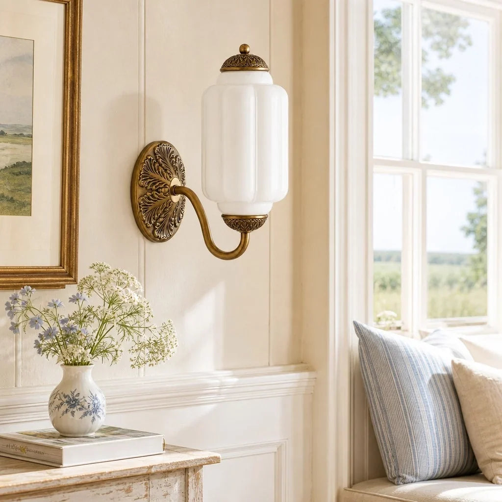 Lumi Vintage Antique Milk Glass Eloise Sculpted Wall Lamp for Bedroom, Bathroom, or Hallway