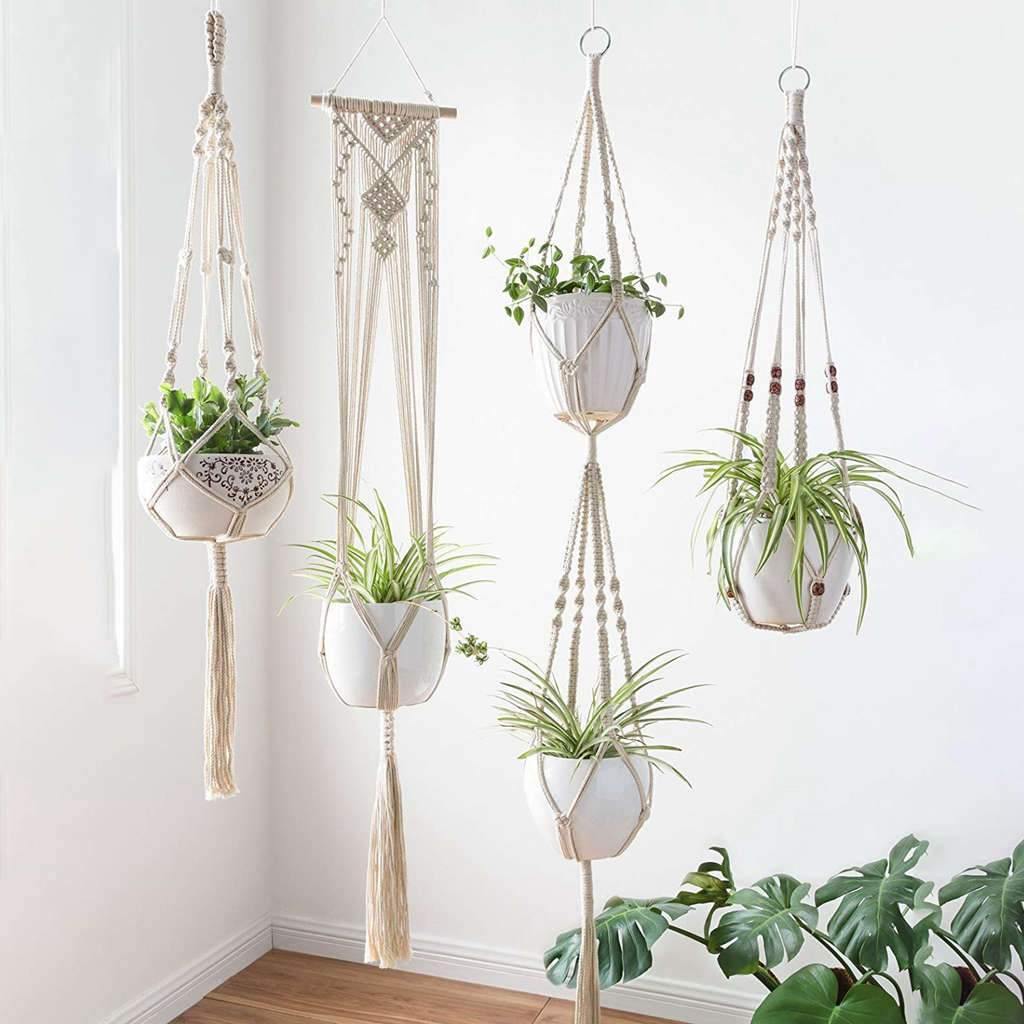 Macrame Plant Hanger | Handmade Cotton Cord & Beads | 4-Pack