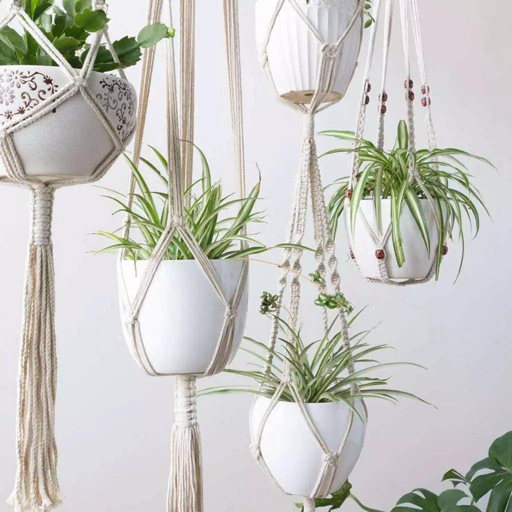 Macrame Plant Hanger | Handmade Cotton Cord & Beads | 4-Pack